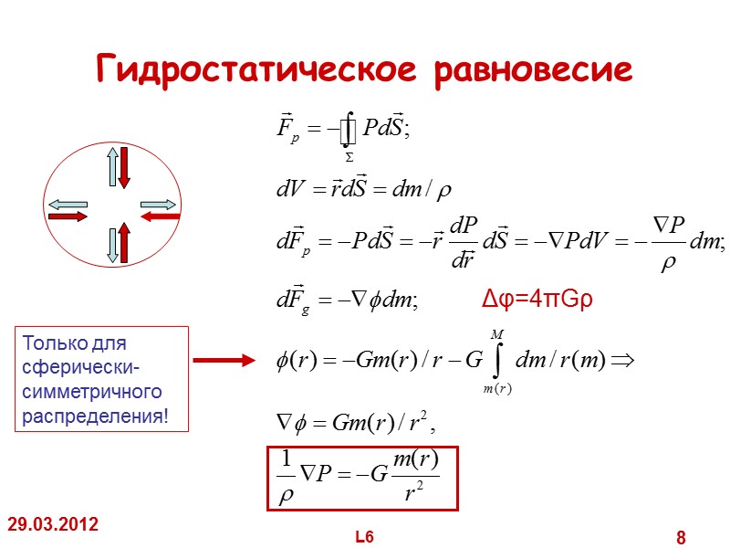 29.03.2012 L6 8 Гидростатическое равновесие Только для сферически-симметричного распределения! Δφ=4πGρ 29.03.2012 L6 8 Гидростатическое равновесие Только для сферически-симметричного распределения! Δφ=4πGρ